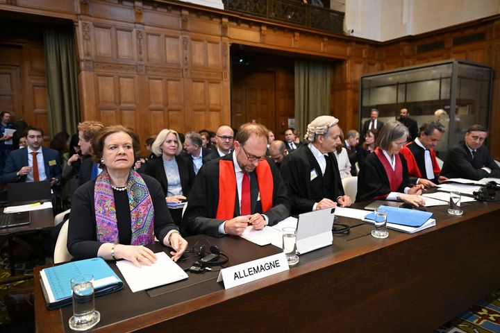 Tania Freiin von Uslar-Gleichen (L), Christian J. Tam, (2nd L), German Ambassador to The Hague Cyrill Jean Nunn (R) and German-Swiss jurist Anne Peters (3rd R) attend the hearing on Nicaragua's claim that Germany aids Israel's ongoing genocide in the besieged Gaza Strip at the International Court of Justice (ICJ) in The Hague, the Netherlands on April 8, 2024. The case concerns alleged violations of the Genocide Convention of 1948 and the Geneva Conventions of 1949 pertaining to international humanitarian law in Palestinian territories.