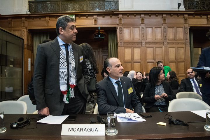 Members of the Nicaraguan delegation, including Claudia Loza and HE Omar Awadallah attend the second day of hearings at the International Court of Justice (ICJ) in their case against Germany concerning the financial and military aid provided by the European country to Israel and the cessation of subsidies to the aid organization UNRWA in The Hague, Netherlands on April 9, 2024. 
