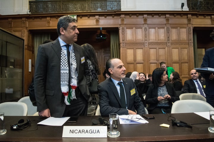 Members of the Nicaraguan delegation, including Claudia Loza and HE Omar Awadallah attend the second day of hearings at the International Court of Justice (ICJ) in their case against Germany concerning the financial and military aid provided by the European country to Israel and the cessation of subsidies to the aid organization UNRWA in The Hague, Netherlands on April 9, 2024.