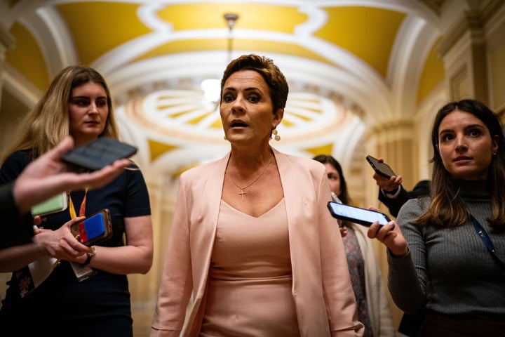 Arizona Republican Senate candidate Kari Lake speaks with reporters after leaving the office of Senate Minority Leader Mitch McConnell (R-Ky.) on Capitol Hill on March 6.