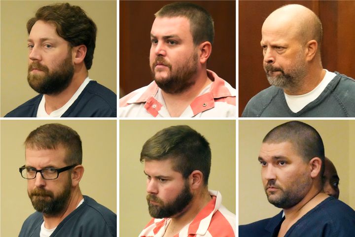From top left: former Rankin County sheriff’s deputies Hunter Elward, Christian Dedmon, Brett McAlpin, Jeffrey Middleton and Daniel Opdyke, as well as former Richland police officer Joshua Hartfield, are shown at a court in Brandon, Mississippi, on Aug. 14, 2023.