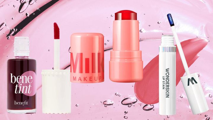 Benetint liquid blush and lip tint, Milk Makeup's Cooling Jelly Water Tint and the Wonderskin lip stain.