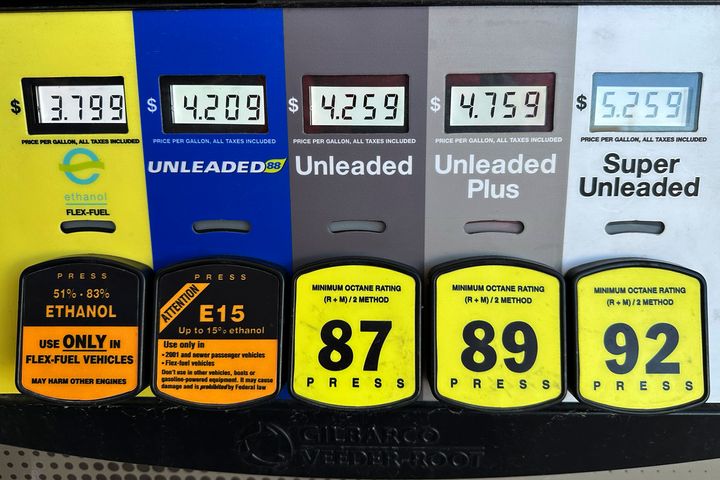 Gas prices are seen at a gas station in Riverwoods, Ill., on Monday, April 1, 2024.
