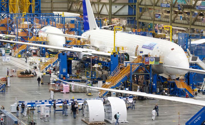 A Boeing 787 Dreamliner sits on the assembly line at a factory in Everett, Washington, on June 13, 2012.