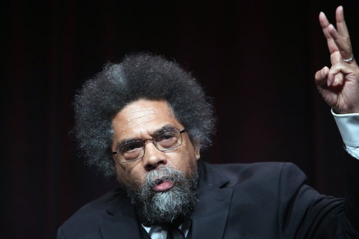 Dr. Cornel West speaks onstage at The Beverly Hilton Hotel on July 29, 2016. He announced Melina Abdullah as his presidential running mate on Wednesday.