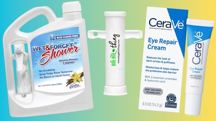 Wet & Forget shower cleaner, Bug Bite Thing and CeraVe eye repair cream