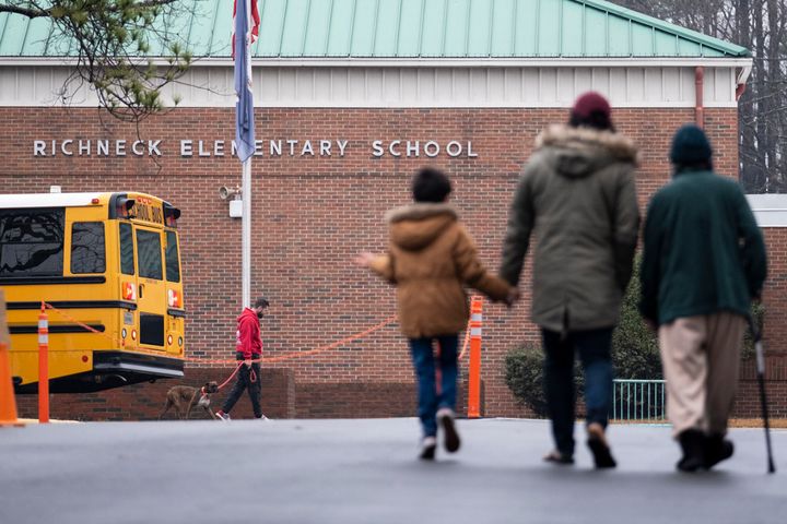 Students return to Richneck Elementary in Newport News, Virginia, on Jan. 30, 2023, for the first time since a 6-year-old shot his teacher three weeks prior. 