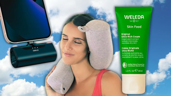 The portable iWalk charger, a bendy memory foam travel pillow and the Weleda Skin Food moisturizer from Amazon.