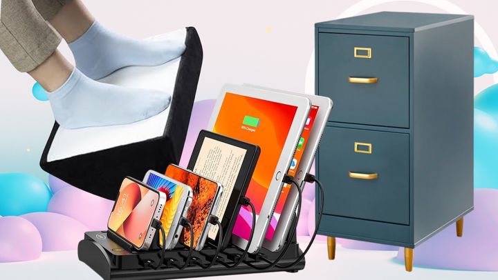A chic filing cabinet from Wayfair, a memory foam under-desk foot rest and a charging station with six USB charging ports from Amazon.