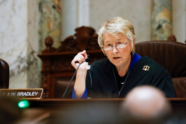 Wisconsin Supreme Court Justice Ann Walsh Bradley asks a question during arguments during a redistricting hearing at the Wisconsin state Capitol Building in Madison, Wis., on Tuesday, Nov. 21, 2023. (Ruthie Hauge/The Capital Times via AP, Pool)