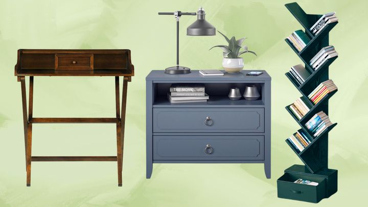 A wooden folding desk, an elegant nightstand dresser and a geometric storage bookshelf from Wayfair.