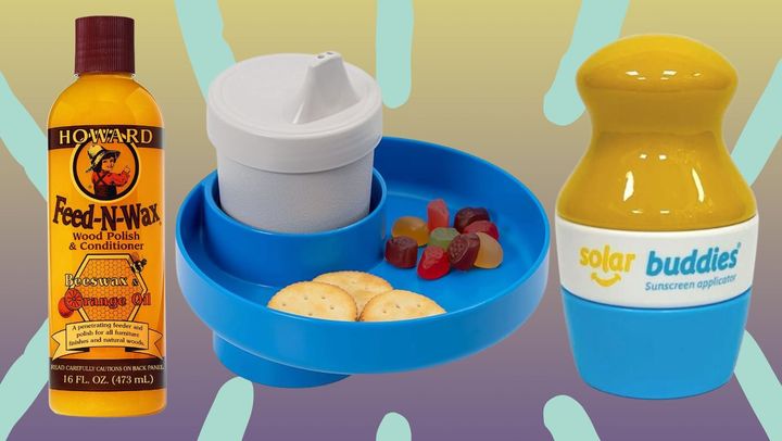 A wood polish and conditioner, a travel cup holder and snack tray and a sunscreen applicator. 