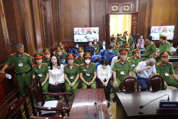 Vietnamese property tycoon Truong My Lan (front row 3nd L) looks on at a court in Ho Chi Minh city on April 11, 2024. A top Vietnamese property tycoon could face the death penalty when she and dozens of other co-accused face verdicts on April 11 in one of the country's biggest fraud cases over the embezzlement of USD 12.5 billion. (Photo by AFP) (Photo by STR/AFP via Getty Images)
