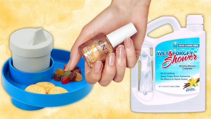 A travel tray with a place for snacks and a cup holder, a nourishing cuticle oil and a bleach-free, no-scrub weekly shower spray from Amazon.