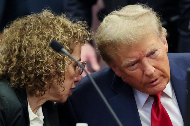 Former President Donald Trump attends a hearing at Manhattan Criminal Court in New York City on Feb. 15 ahead of a trial on charges that he illegally covered up payments made before the 2016 election that were intended to keep porn star Stormy Daniels from speaking out about an alleged affair with Trump.