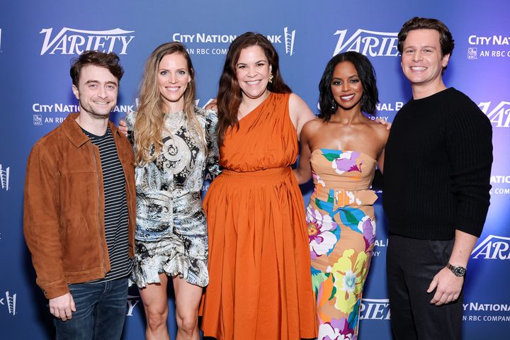 Clarke, second from left, with her "Merrily We Roll Along" co-stars Daniel Radcliffe, Lindsay Mendez, Krystal Joy Brown and Jonathan Groff. 