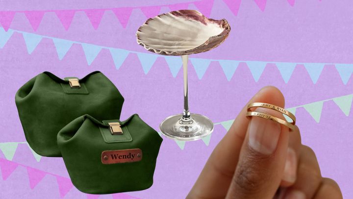 A customizable toiletry kit, a seashell martini glass and stackable, engraved rings. 