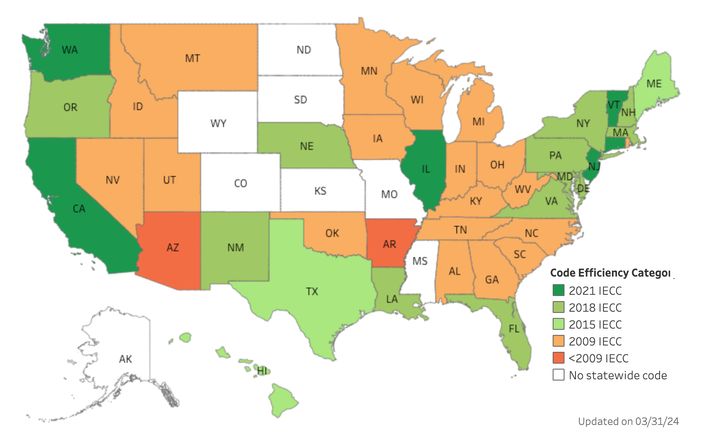 A map updated on March 31, 2024 from the Energy Department's energycodes.gov information website shows which states are in compliance with the latest building codes.
