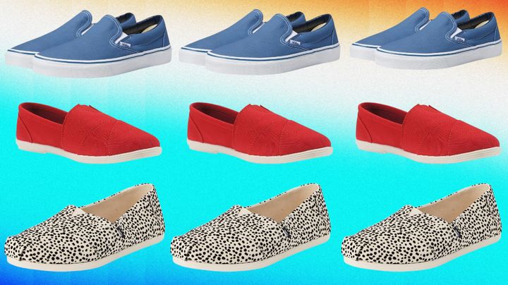 Vans classic slip-ons from Zappos, Soda canvas slides and classic Toms Apargatas from Amazon.