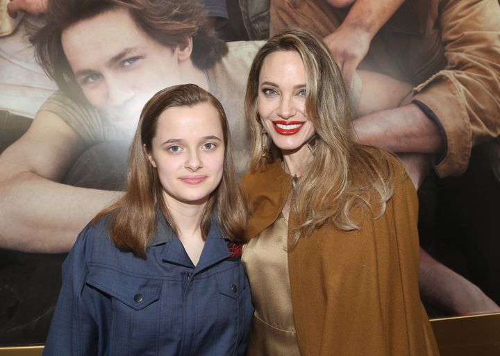 Vivienne Jolie-Pitt and Angelina Jolie attend the opening night of "The Outsiders" at The Bernard B. Jacobs Theatre on April 11 in New York City.