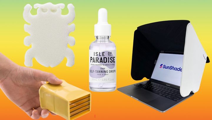 A fruit slicer, a scum-removing sponge, self-tanning drops and a laptop screen shade.