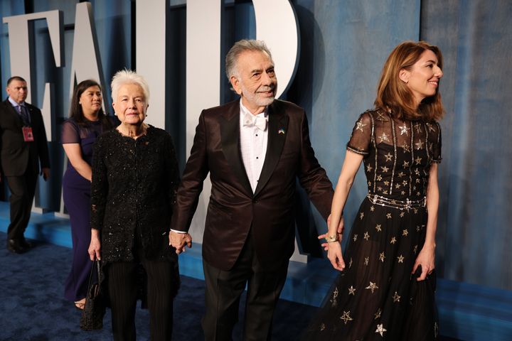 Eleanor Coppola, Francis Ford Coppola and Sofia Coppola attend the 2022 Vanity Fair Oscar Party hosted by Radhika Jones at Wallis Annenberg Center for the Performing Arts on March 27, 2022 in Beverly Hills, California.