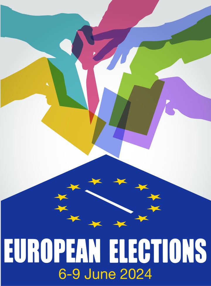 Overlapping silhouettes of hands voting. voting, election, Referendum, Ballot Box, campaign, booth, Political party, Europe, European Parliament,