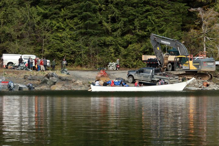 The Ehattesaht First Nation deployed a canoe and other resources to try and rescue an orphaned orca, but were unsuccessful, at a lagoon near Zeballos, British Columbia, Friday, April 12, 2024. (Chad Hipolito/The Canadian Press via AP)