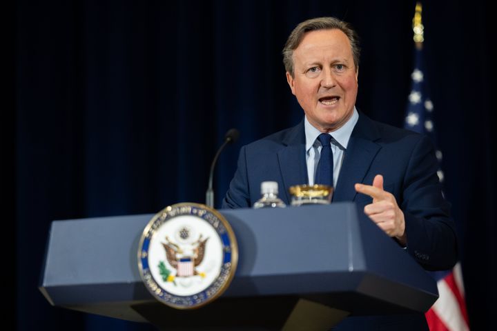 WASHINGTON DC, UNITED STATES - APRIL 09: U.K. Foreign Minister David Cameron speaks during a press conference with Secretary of State Antony Blinken following a meeting at the State Department in Washington, DC on April 9, 2024. (Photo by Nathan Posner/Anadolu via Getty Images)