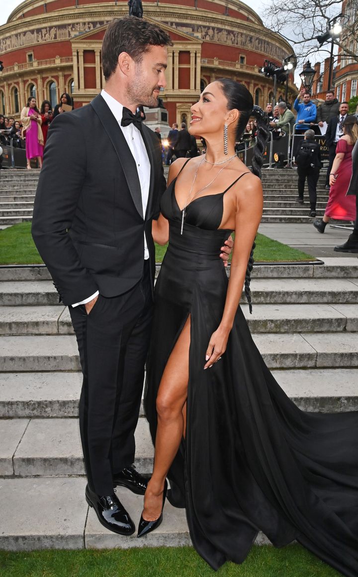 Thom Evans and Nicole Scherzinger outside the Olivier Awards