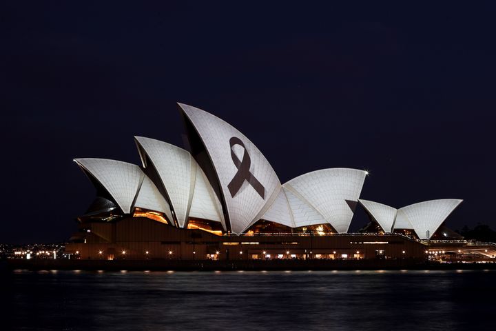 The Sydney Opera House is illuminated with a black ribbon in honour of the Bondi Junction victims on April 15, 2024, in Sydney, Australia.
