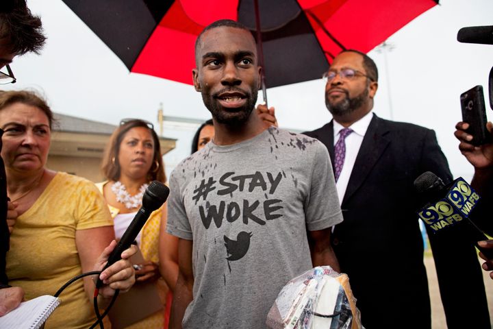 In this July 10, 2016, photo, Black Lives Matter activist DeRay Mckesson talks to the media after his release from jail in Baton Rouge, Louisiana. The Supreme Court allowed on Monday, April 15, 2024, to proceed a lawsuit by an unidentified Baton Rouge officer who was injured during the protest organized by Mckesson.