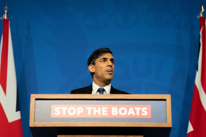 LONDON, ENGLAND - DECEMBER 7: Prime Minister Rishi Sunak conducts a press conference in the Downing Street Briefing Room, as he gives an update on the plan to "stop the boats" and illegal migration on December 7, 2023 in London, England. (Photo by James Manning - WPA Pool/Getty Images)