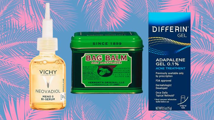 The Vichy Neovadiol serum, a tin of Bag Balm and prescription-strength retinol Differin gel from Amazon.