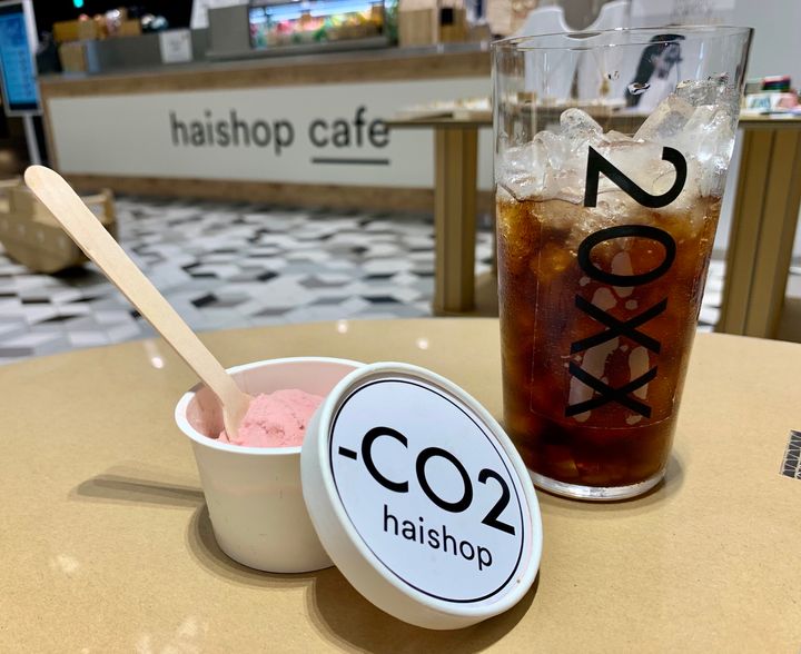 haishop cafeの期間限定ヴィーガンアイスクリーム（左）と「2050年コーヒー」