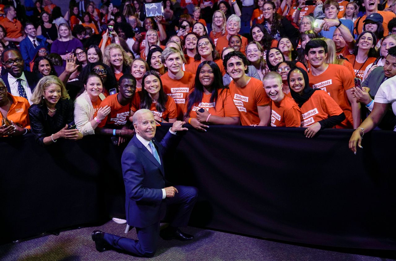 President Joe Biden is courting young voters with his latest student loan debt relief plans. Here he is with a Students Demand Action group in June 2023.