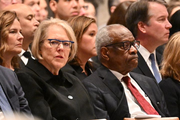 "There have been many violent protests that have interfered with proceedings," Justice Clarence Thomas (right) said. His wife, Ginni Thomas (left), attended the rally that precipitated the Jan. 6 insurrection.