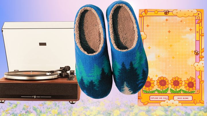 A High Fidelity turntable and vinyl record player from Amazon, a pair of L.L. Bean Daybreak Scuff slippers and an aesthetic sunflower notepad from Unicorn Eclipse at Etsy.