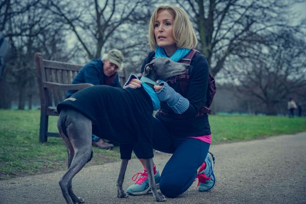 Several scenes in Scoop depict Gillian Anderson with her dog – including at BBC HQ