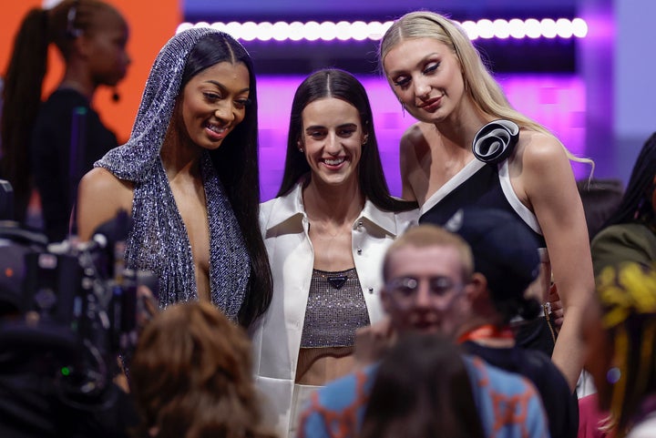 From left to right, Angel Reese, Caitlin Clark and Cameron Brink are seen on April 15 in New York.