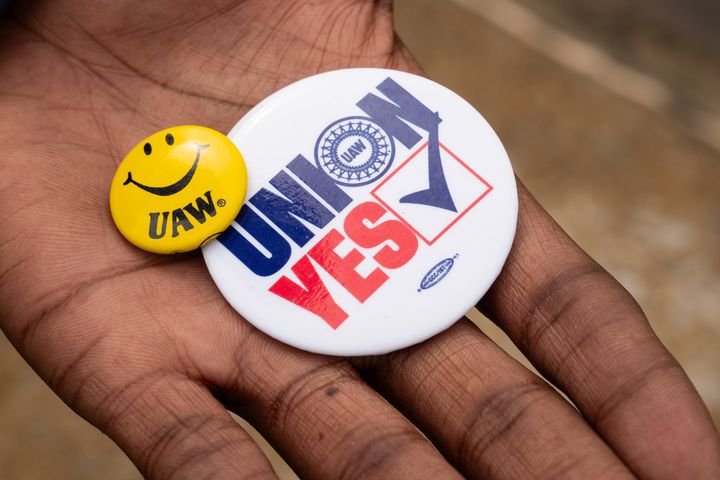 UAW buttons were handed out in Chattanooga, where the Volkswagen plant is located, ahead of the election.