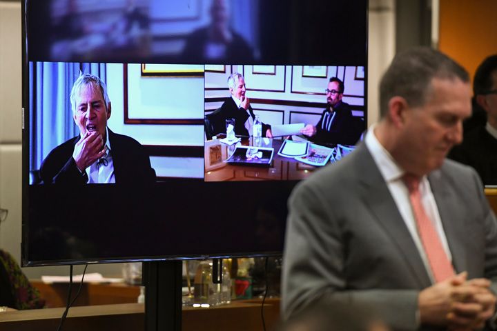 Los Angeles Deputy District Attorney John Lewin shows a clip from the 2015 finale of "The Jinx" as evidence during the second day of opening statements in Durst's murder trial in March 2020. The video clip shows filmmaker Andrew Jarecki (top right) interviewing Durst, who reacts as Jarecki shows him a letter written to Susan Berman with the misspelling of "Beverly."