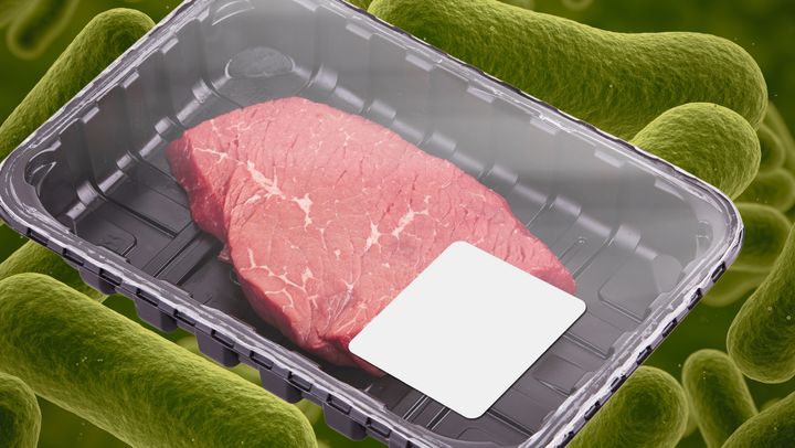 Watch out for packaged meat with a plastic film that has domed on top.