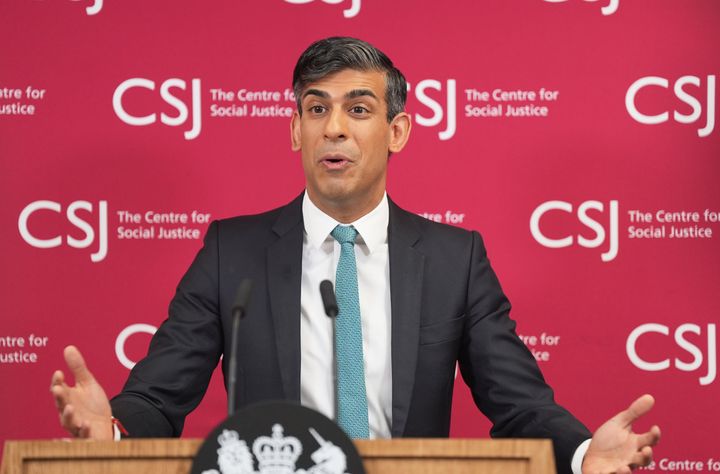 British Prime Minister Rishi Sunak delivers a speech on welfare reform at the Centre for Social Justice on April 19, 2024 in London, England