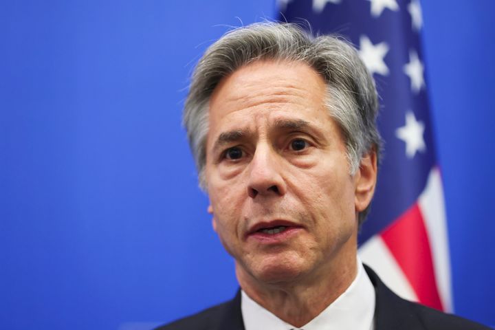 U.S. Secretary of State Antony Blinken addresses a group of journalists after a meeting of the NATO-Ukraine Council at NATO headquarters in Brussels, Thursday, April 4, 2024. (Johanna Geron, Pool Photo via AP)