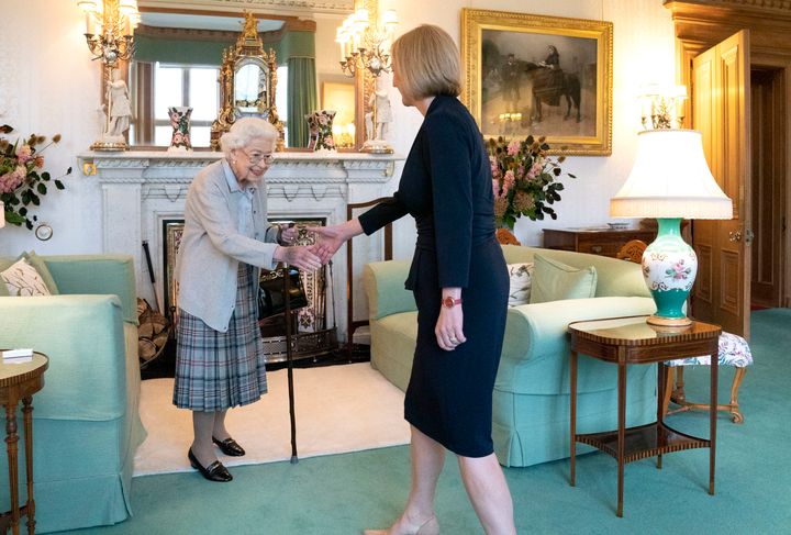 Queen Elizabeth greets newly elected leader of the Conservative party Liz Truss as she arrives at Balmoral Castle for an audience where she will be invited to become Prime Minister and form a new government on Sep. 6, 2022 in Aberdeen, Scotland. 
