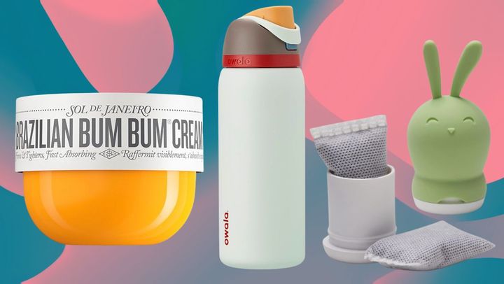 Sol de Janeiro Brazilian Bum Bum cream, the Owala dual-sip water bottle and a set of odor-neutralizers for shoes. 