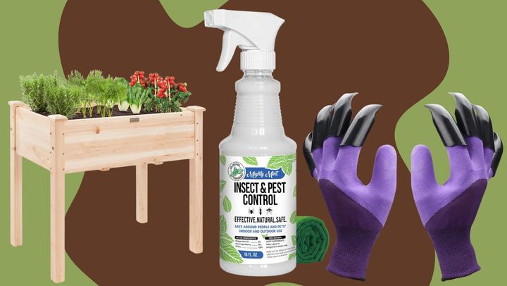 A raised garden bed, a natural insect and pest control spray and a pair of clawed gardening gloves.