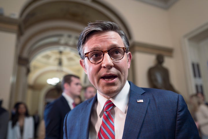 Speaker of the House Mike Johnson talks to reporters at the Capitol in Washington, April 19, 2024. (AP Photo/J. Scott Applewhite, File)