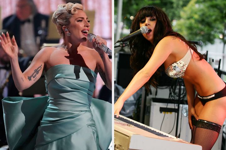 Lady Gaga at the 2022 Grammys (left) and 2007 Lollapalooza festival (right)